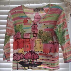 Life Style Scenic Art Print Embellished Top PL 3/4 Sleeve Boho Travel Cotton